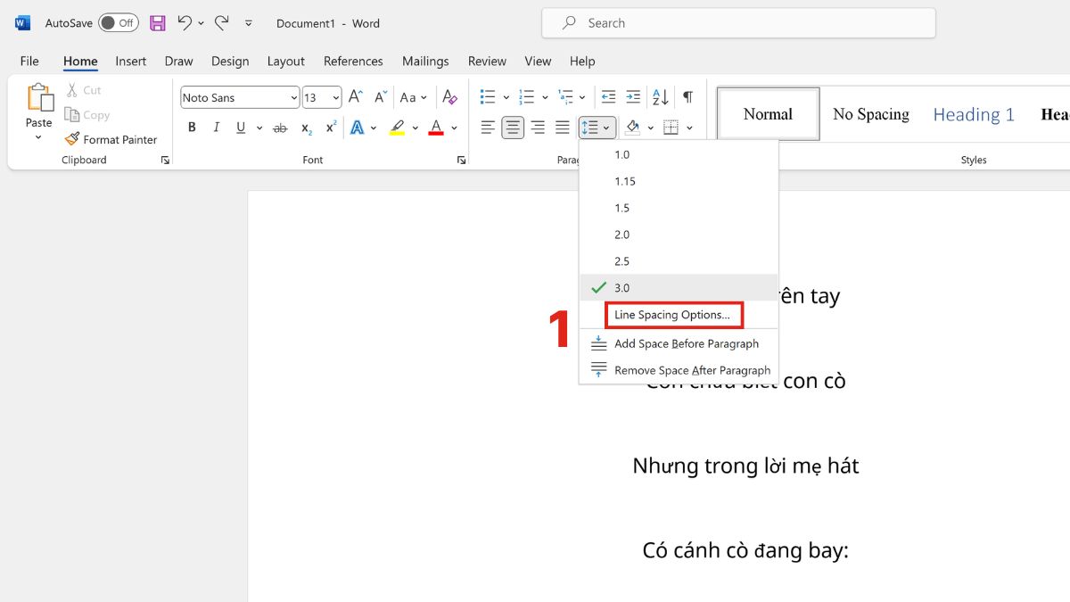 Thực hiện thiết lập thông số giãn dòng bước 1
