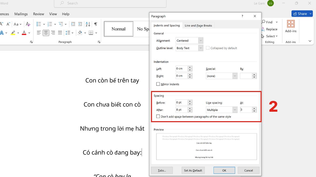 Thực hiện thiết lập thông số giãn dòng bước 2