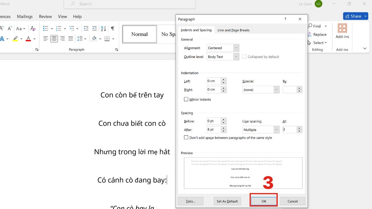 Thực hiện thiết lập thông số giãn dòng bước 3
