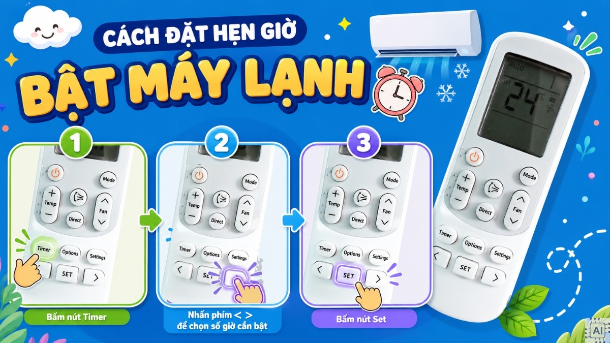 Cách đặt hẹn giờ bật máy lạnh cơ bản bước 1