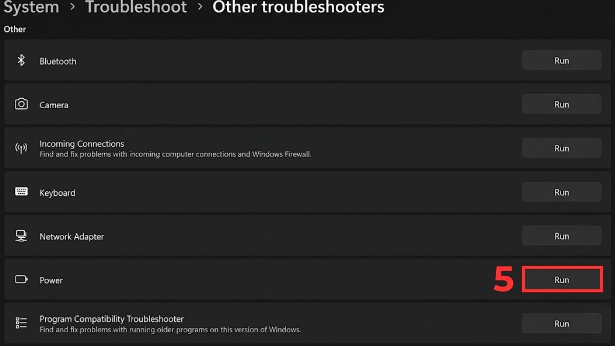 Chạy Troubleshooter để khắc phục tình trạng không hiển thị phần trăm pin laptop bước 4