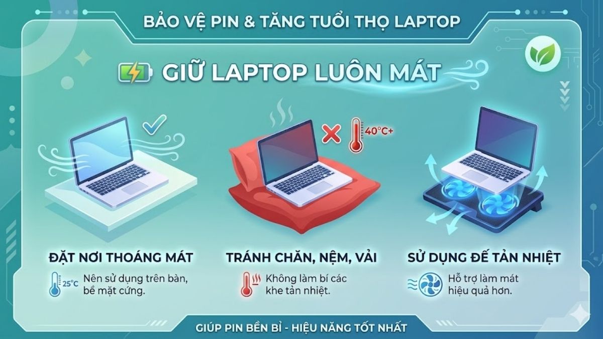 Không để laptop quá nóng để bảo vệ pin