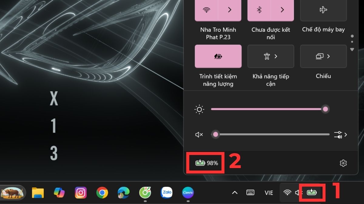 Hiện phần trăm pin từ mục biểu tượng mở rộng trên Taskbar