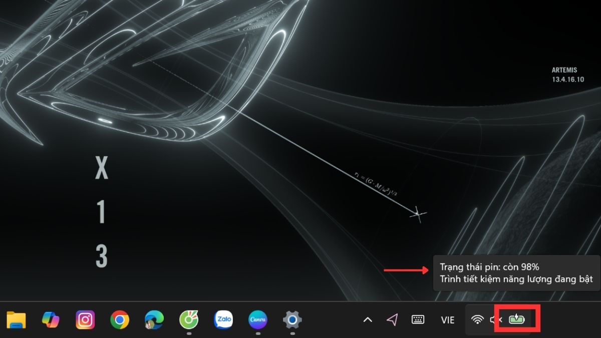 Di chuột để xem phần trăm pin nhanh