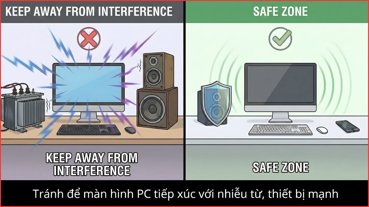 Tránh để màn hình tiếp xúc với nhiễu từ, thiết bị mạnh để hạn chế bị đổi màu