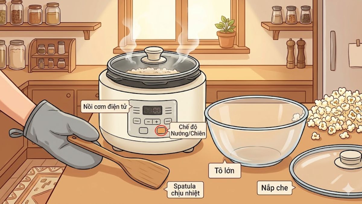 Dụng cụ để làm bắp rang bơ bằng nồi cơm điện