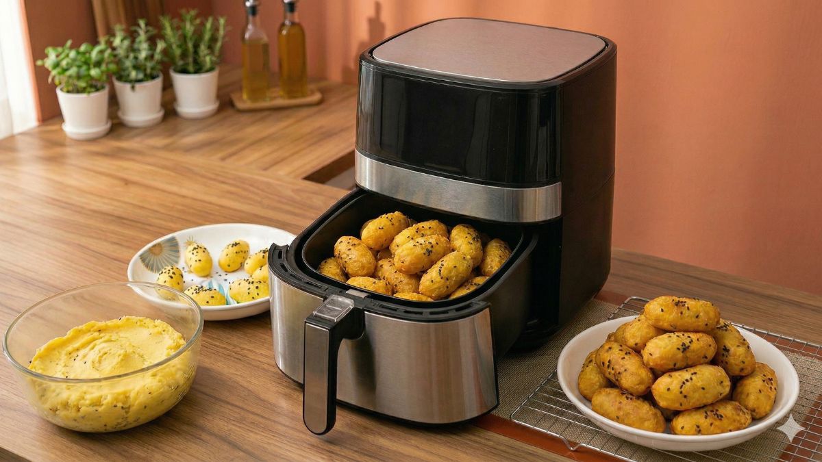 Làm khoai lang kén bằng nồi chiên hông dầu giúp giảm lượng mỡ chế biến