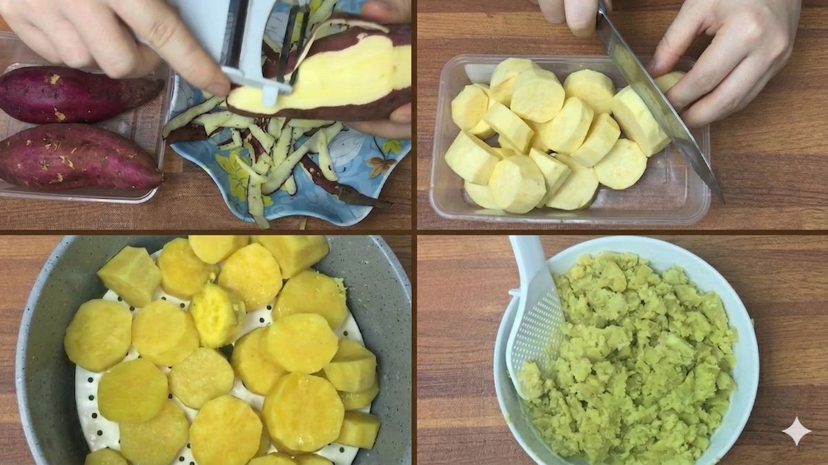Cách làm khoai lang kén bằng nồi chiên không dầu - Bước 1 hấp và tán nhuyễn khoai lang