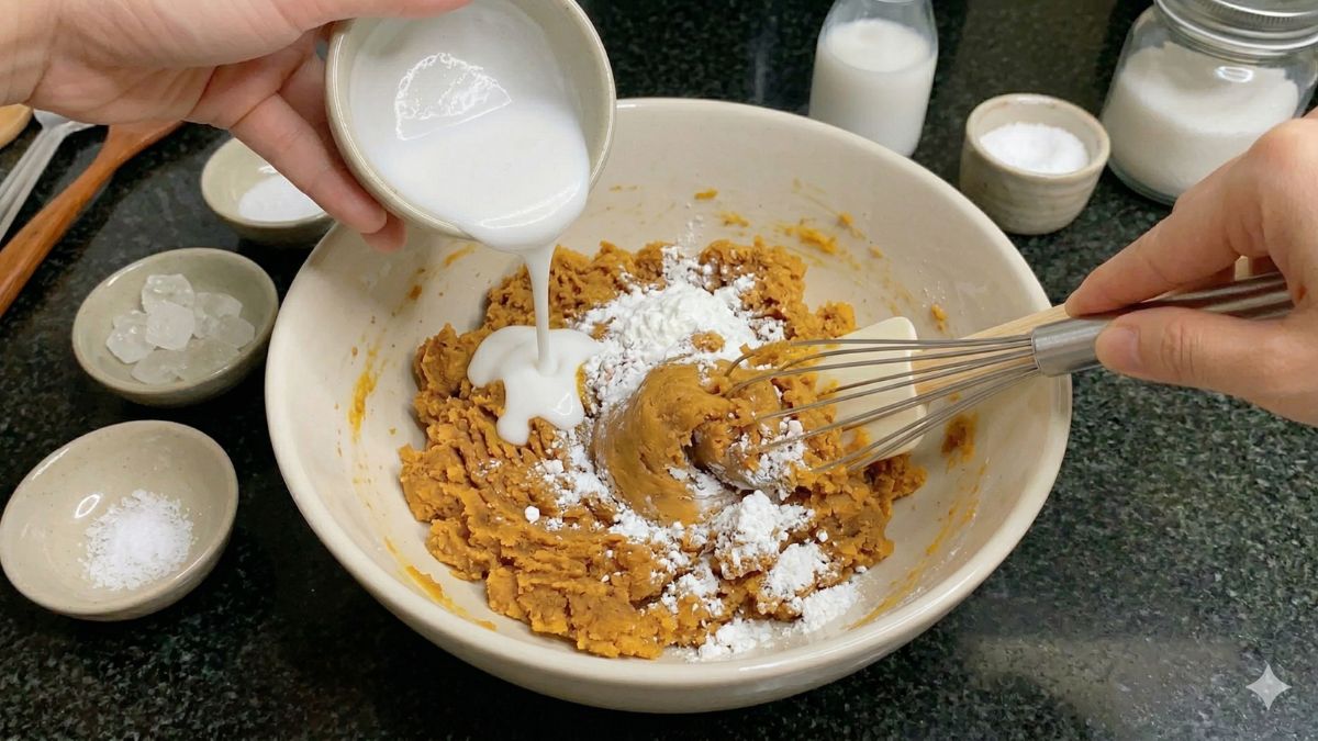 Cách làm khoai lang kén bằng nồi chiên không dầu - Bước 2 trộn bột với khoai lang