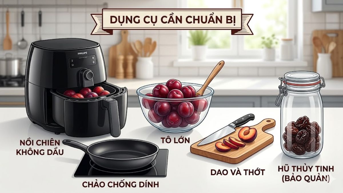 Dụng cụ cần chuẩn bị cho món ô mai mận bằng nồi chiên không dầu