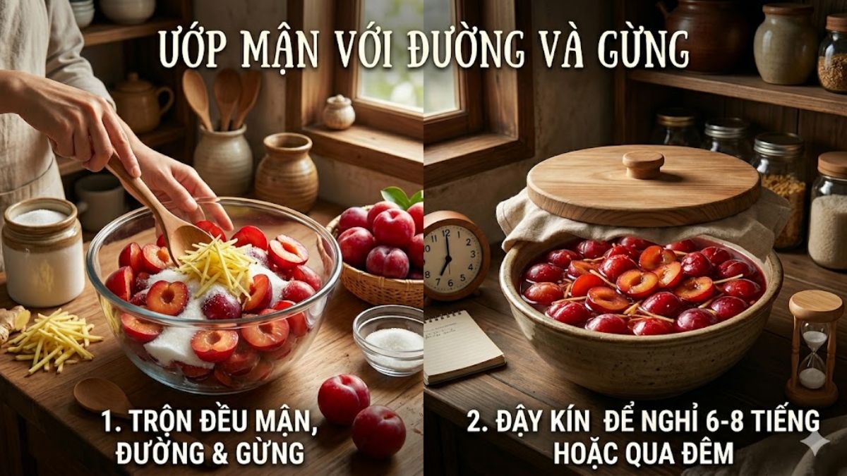 Ướp mận với đường và gừng