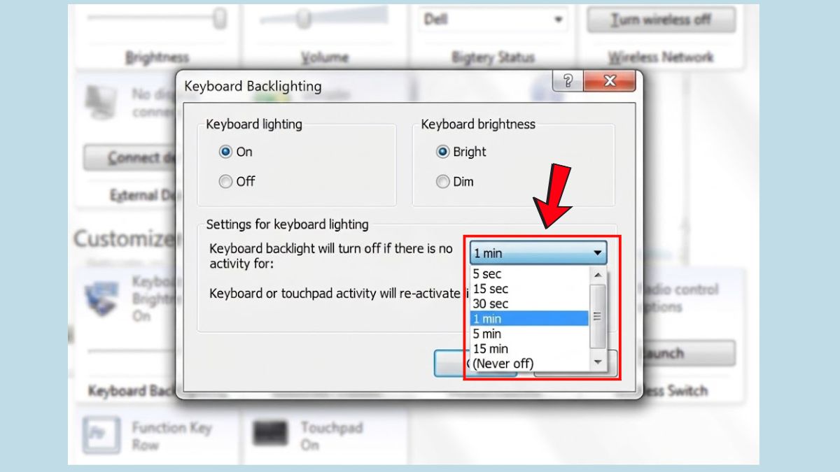 Điều chỉnh Keyboard brightness và chọn thời gian đèn sáng