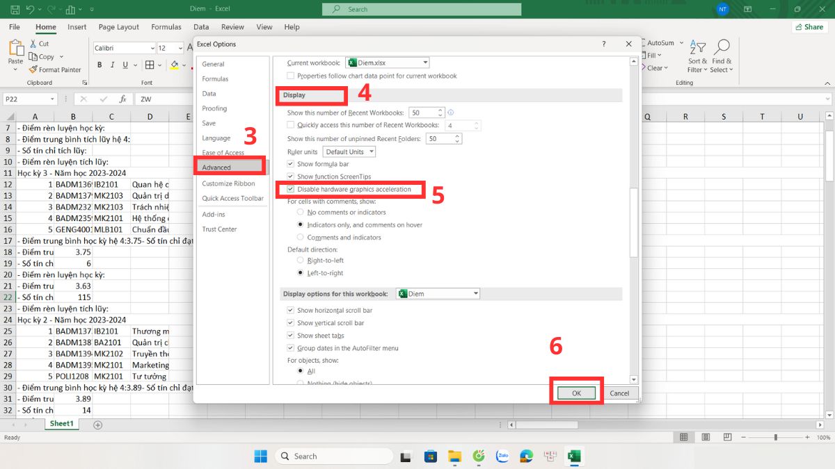 Vô hiệu hóa phần cứng để xử lý lỗi Excel bị ẩn bước 3