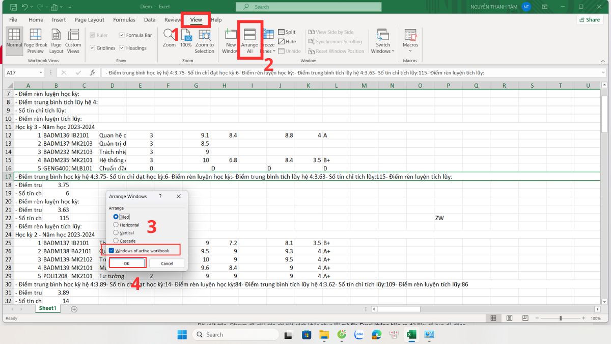 Sử dụng Arrange All để mở lại file Excel bị ẩn
