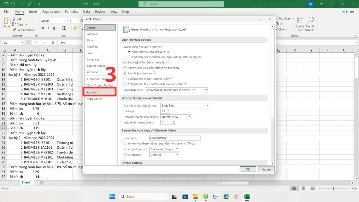Tắt tính năng Adds in để khắc phục file Excel bị ẩn bước 3
