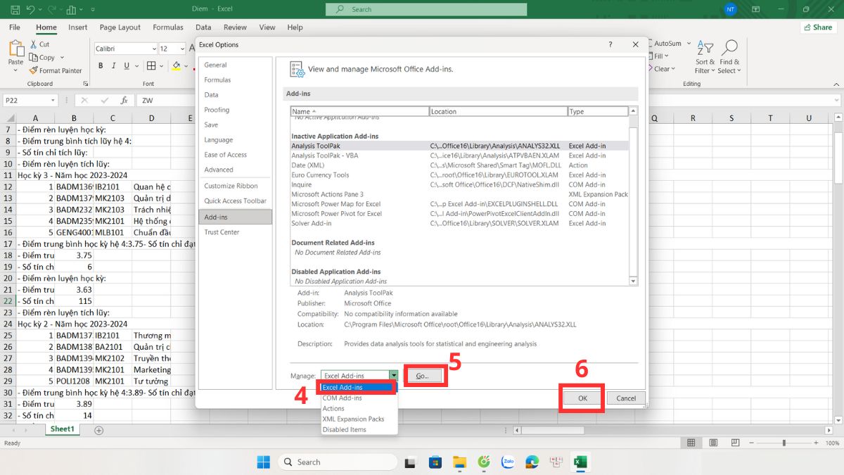 Tắt tính năng Adds in để khắc phục file Excel bị ẩn bước 4