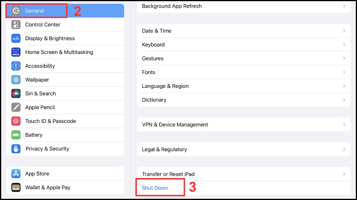 Cách khởi động lại iPad trong phần cài đặt bước 2