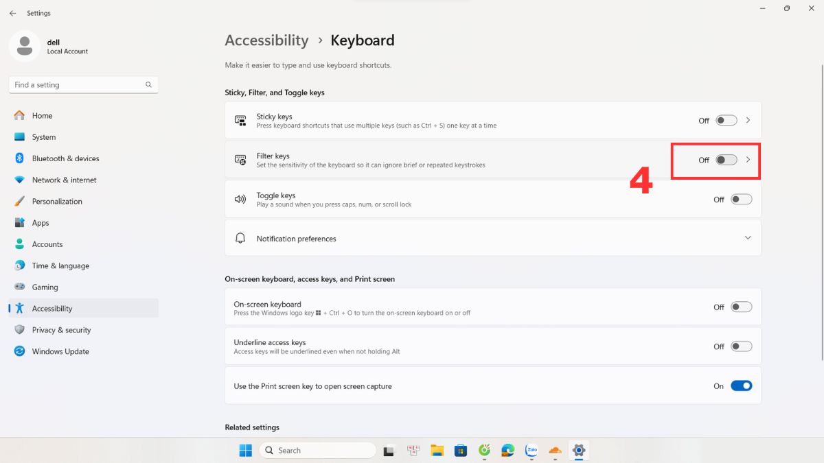 Tắt tính năng Filter Keys trên laptop Dell để sửa bàn phím bị liệt