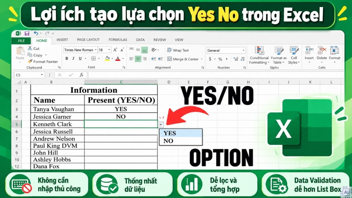 Lợi ích tạo lựa chọn Yes No trong Excel