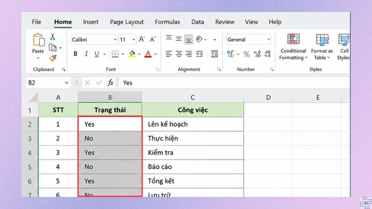 Tự động đổi màu Yes No bằng Conditional Formatting bước 1