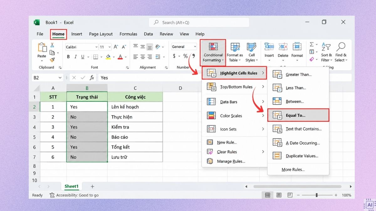 Tự động đổi màu Yes No bằng Conditional Formatting bước 2