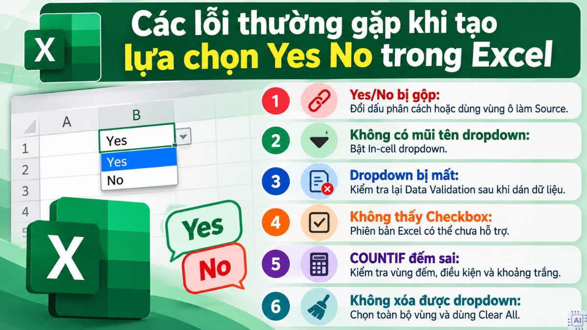 Các lỗi thường gặp khi tạo lựa chọn Yes No trong Excel