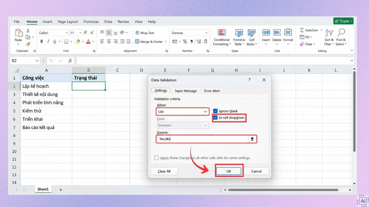 Cách tạo lựa chọn Yes No bằng Data Validation bước 3