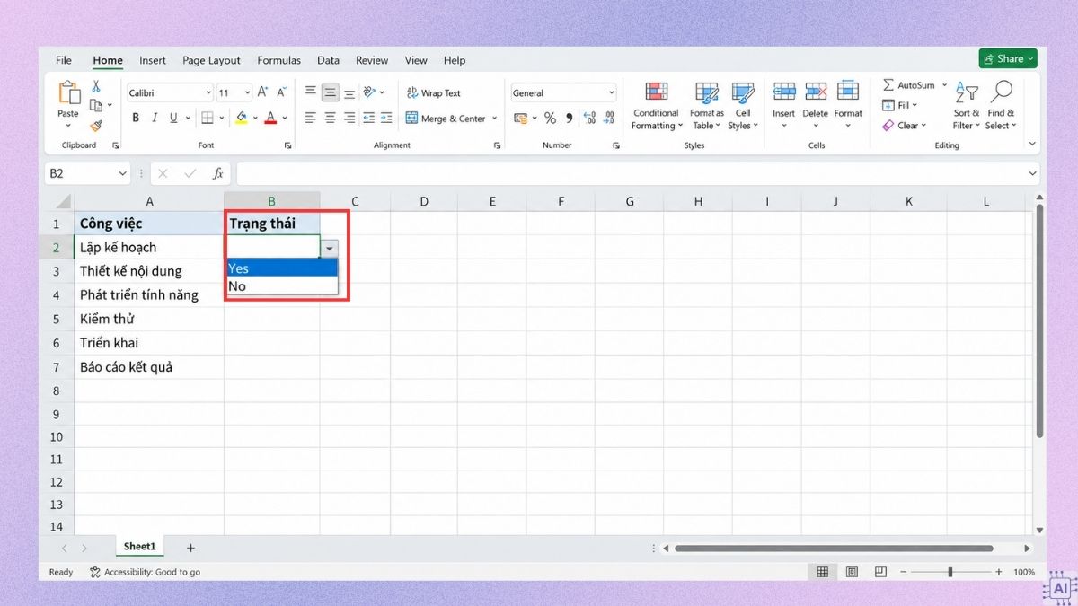 Cách tạo lựa chọn Yes No bằng Data Validation bước 4
