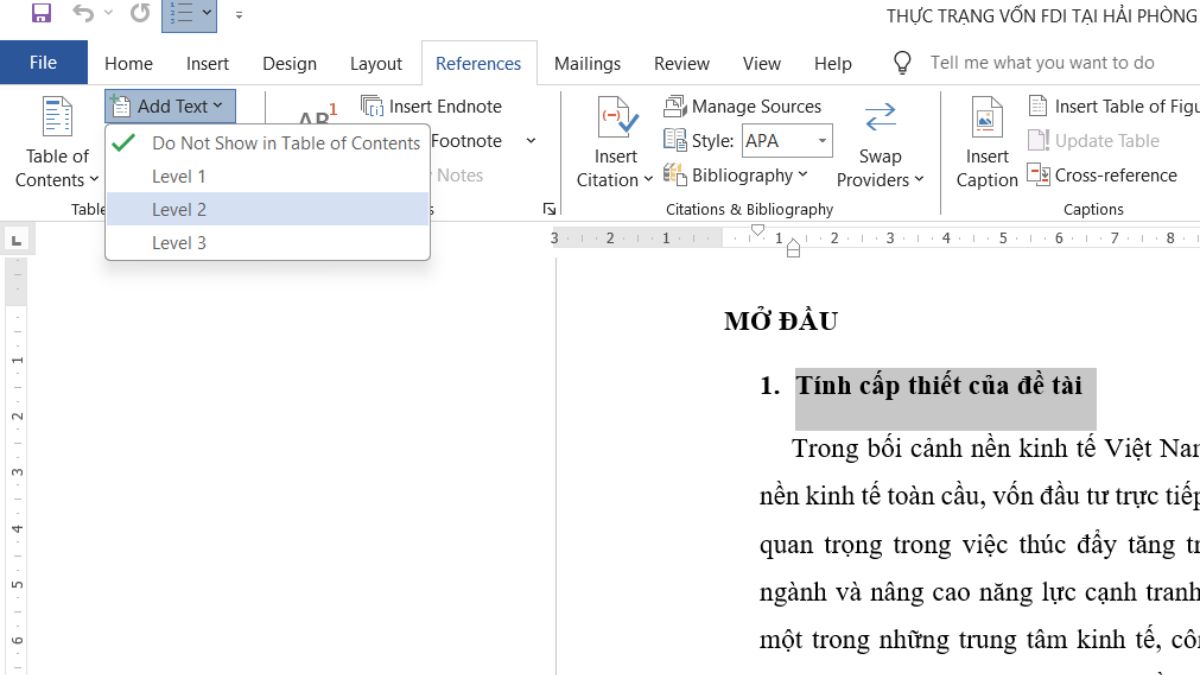 Xác định Level 2 (Tiêu đề chính) khi tạo mục lục trong Word