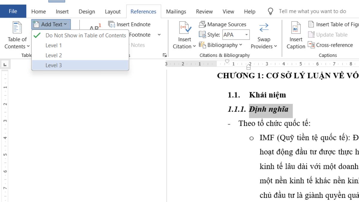 Xác định Level 3 (Các mục nhỏ, mục con) trước khi tạo mục lục trong Word