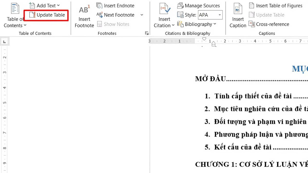 Cập nhật mục lục trong Word sau khi tạo bước 1 (Hình minh họa)