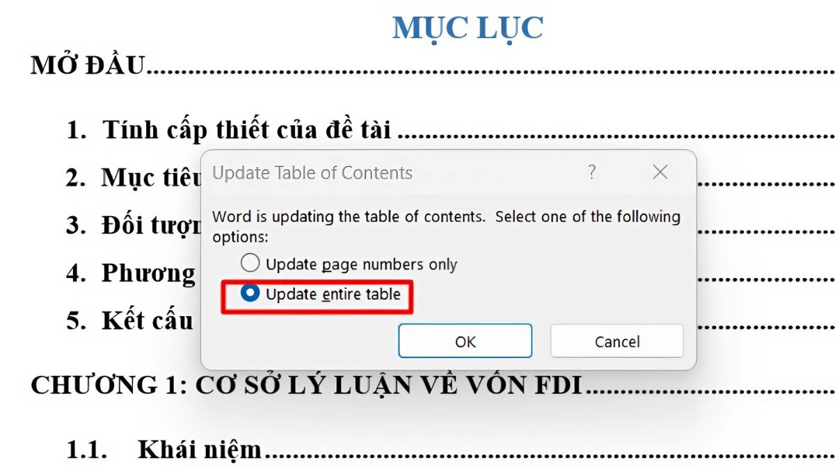 Cập nhật mục lục trong Word sau khi tạo bước 2 (Hình minh họa)