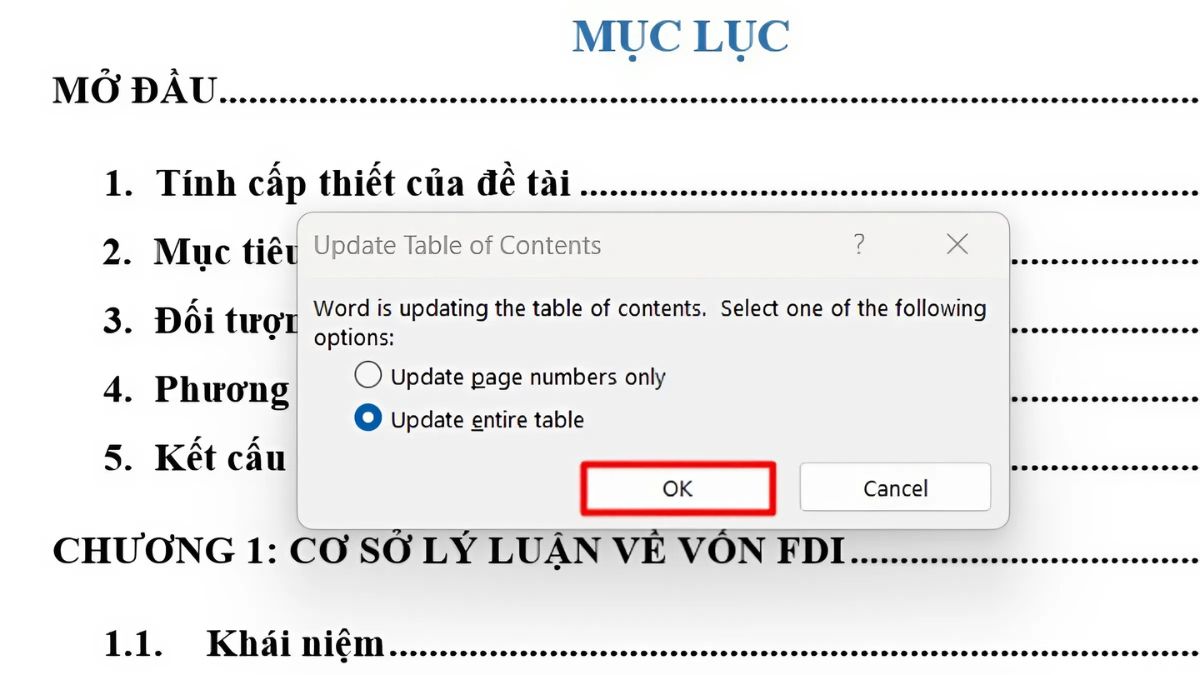 Cập nhật mục lục trong Word sau khi tạo bước 3 (Hình minh họa)