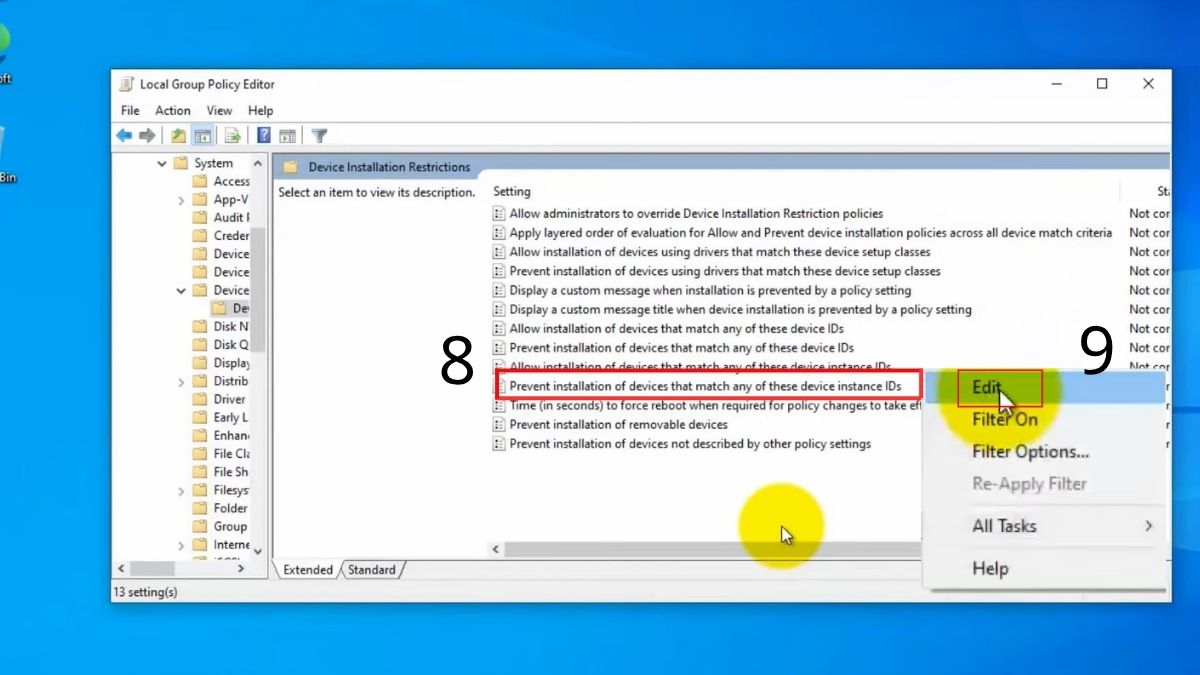Nháy đúp chuột vào Prevent installation of devices that match any of these device IDs