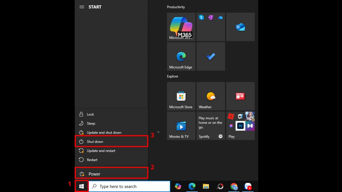 Tắt laptop Dell trong Start Menu