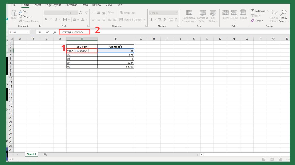 Thêm số 0 trong Excel bằng hàm TEXT bước 1