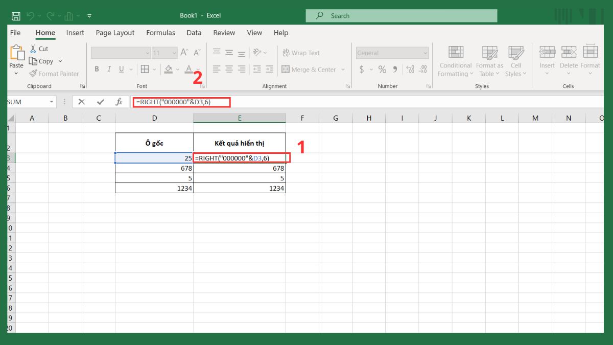 Thêm số 0 trong Excel bằng hàm RIGHT bước 1