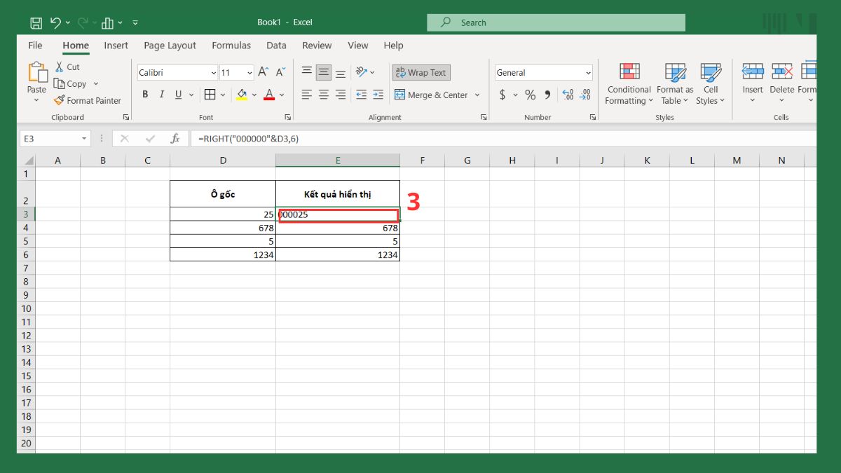 Thêm số 0 trong Excel bằng hàm RIGHT bước 3