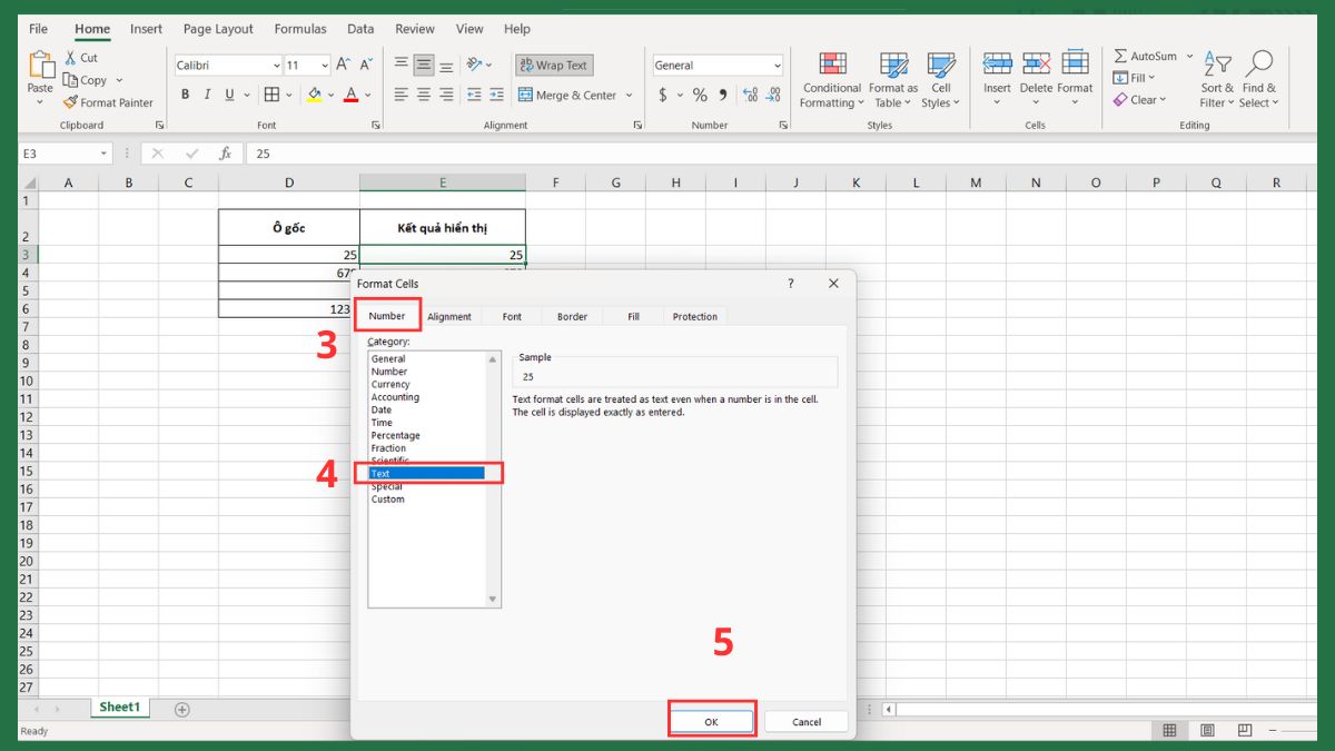 Sử dụng định dạng văn bản để thêm số 0 vào Excel bước 2