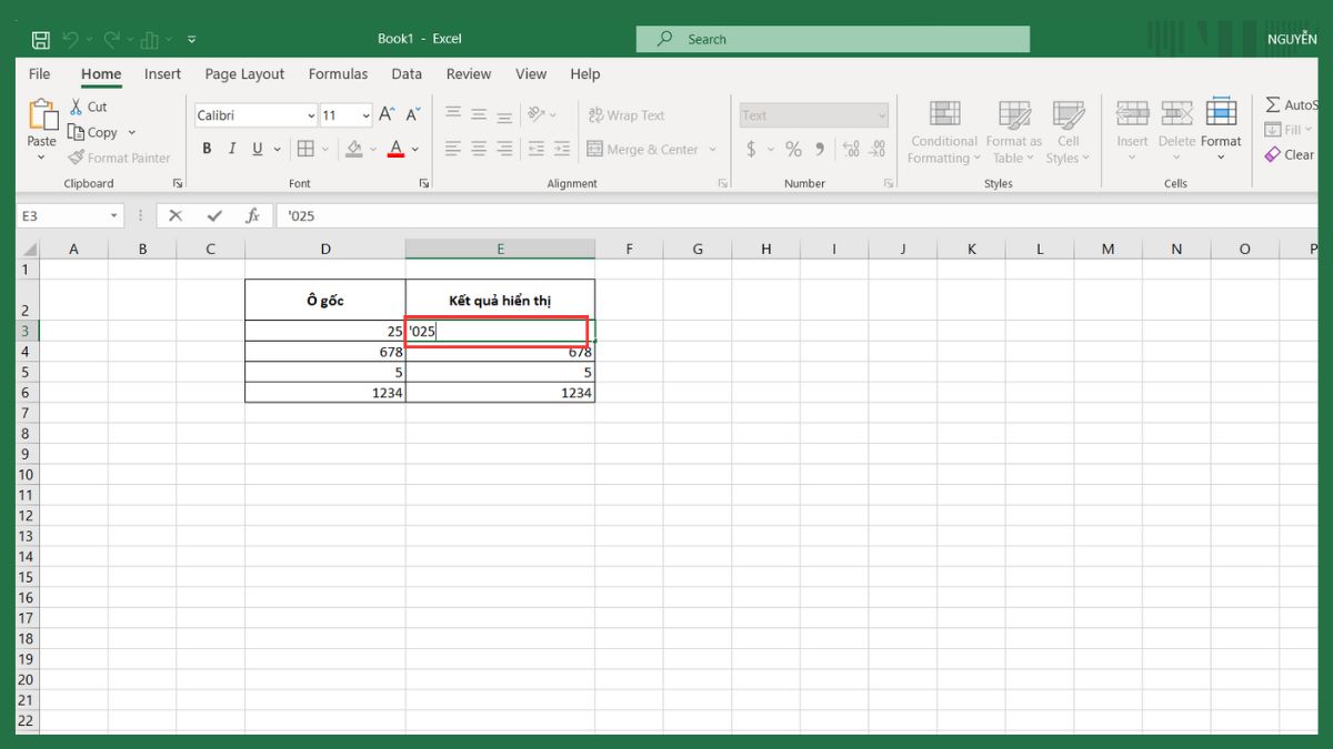 Sử dụng dấu nháy đơn để thêm số 0 vào Excel