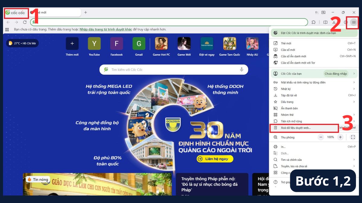Cách xóa lịch sử trình duyệt trên Cốc Cốc bước 1