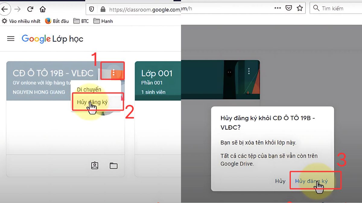 Cách hủy đăng ký lớp học trên Google Classroom dành cho người học bước 1 (Hình minh họa)
