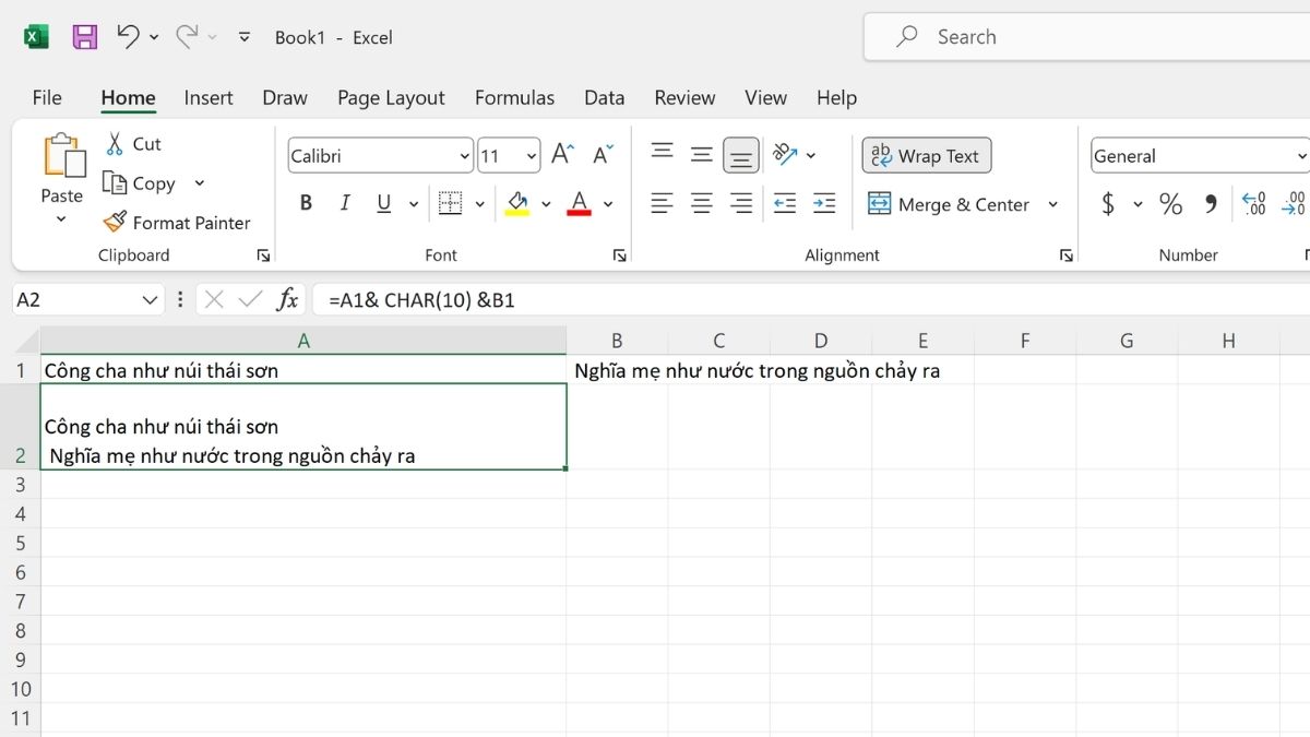 Cách sử dụng hàm CHAR(10) để xuống dòng trong Excel