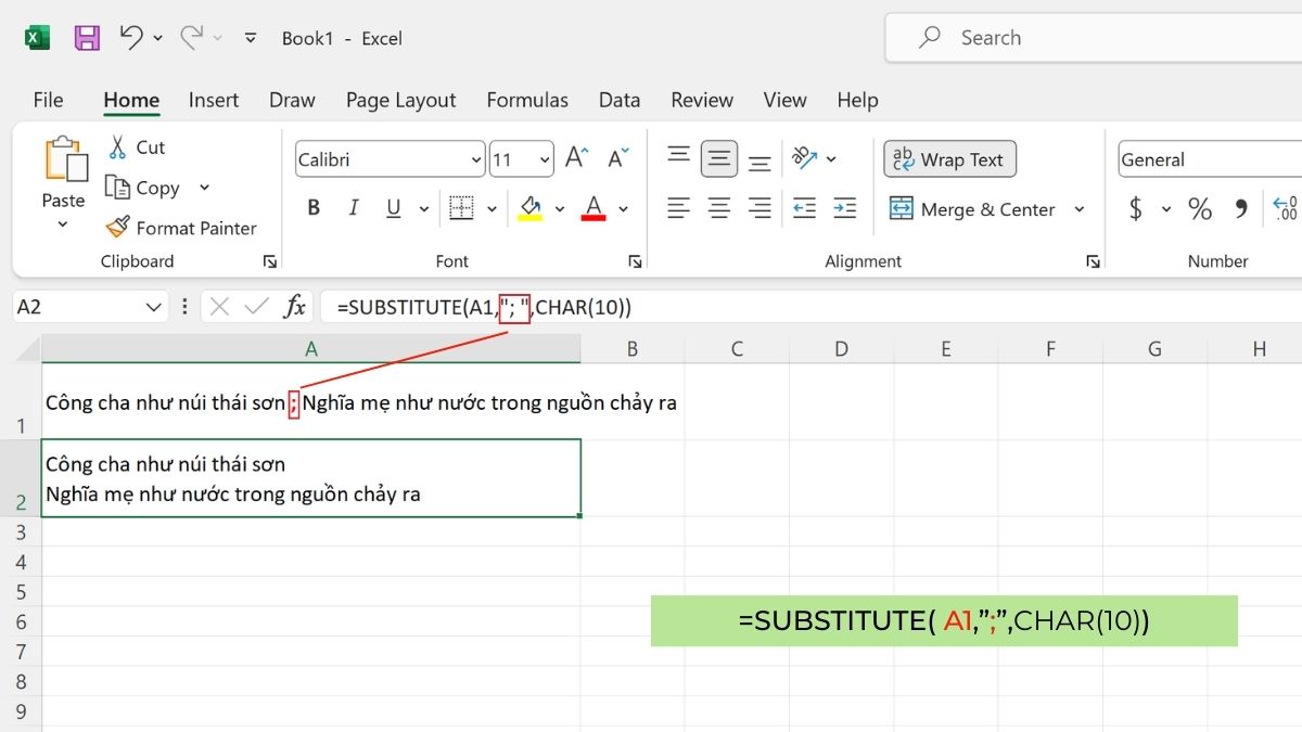 Kết hợp hàm SUBSTITUTE và CHAR(10) để xuống dòng trong Excel