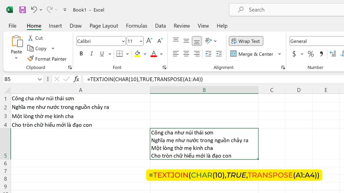 Sử dụng hàm TRANSPOSE để xuống dòng trong Excel