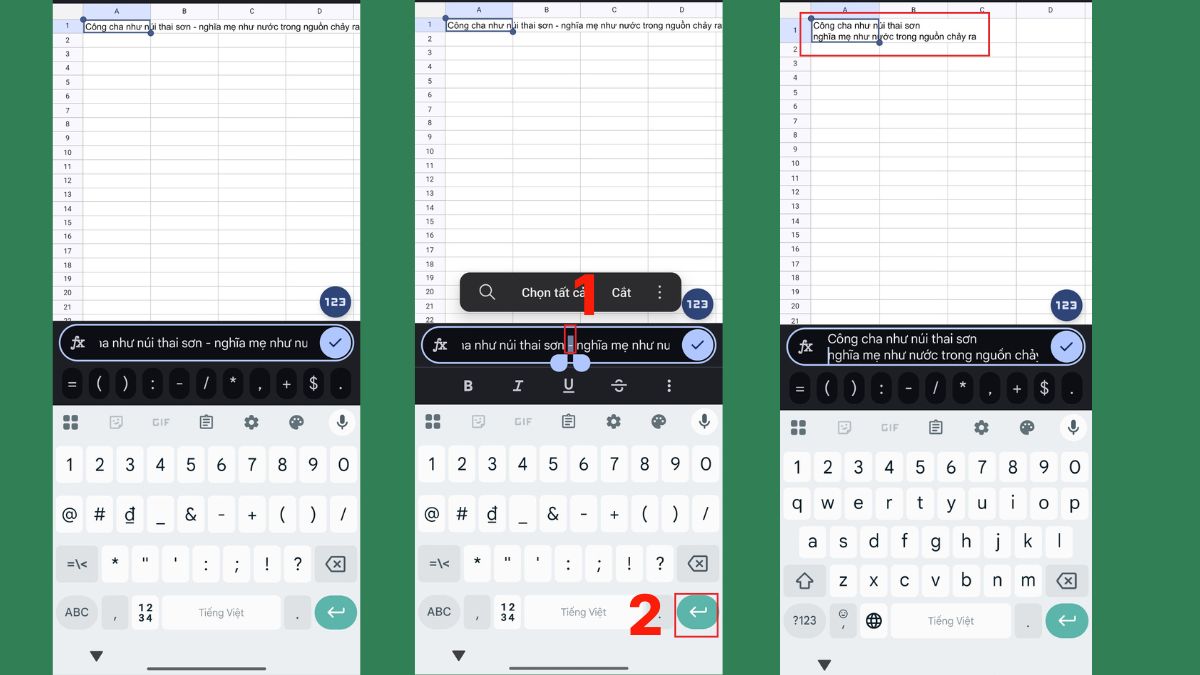 Xuống dòng trên GoogleSheet trên điện thoại