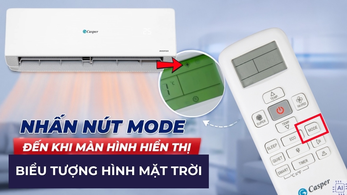 Chọn chế độ Heat trên remote điều hòa Casper