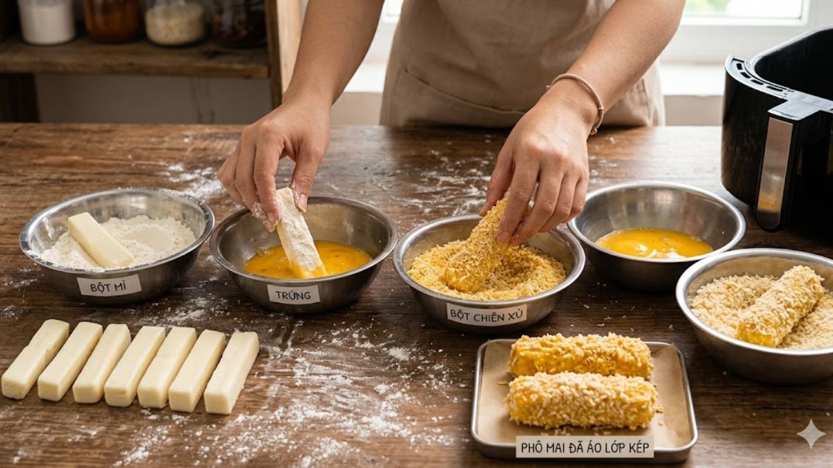 Nhúng phô mai qua các lớp bột