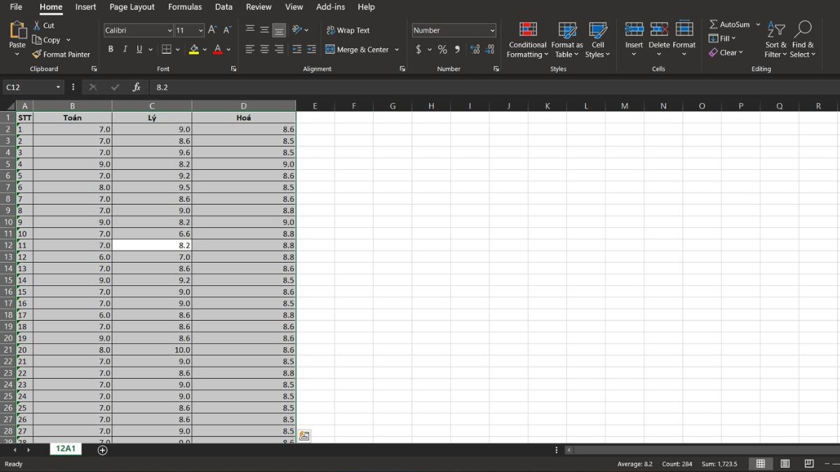 Cách chọn vùng dự liệu trong Excel dạng bảng bước 1 (Hình minh họa)