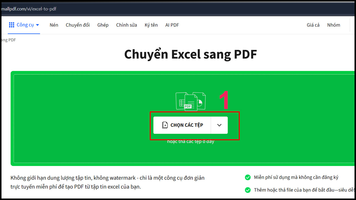 Chuyển file Excel sang hình ảnh bằng công cụ Small PDF bước 1